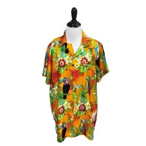 King Kameha Men's L Large Button Down Hawaiian Shirt Short Sleeves Floral Birds